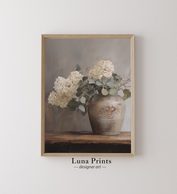 Hydrangeas in Aged Vessel, Muted Floral Art Print