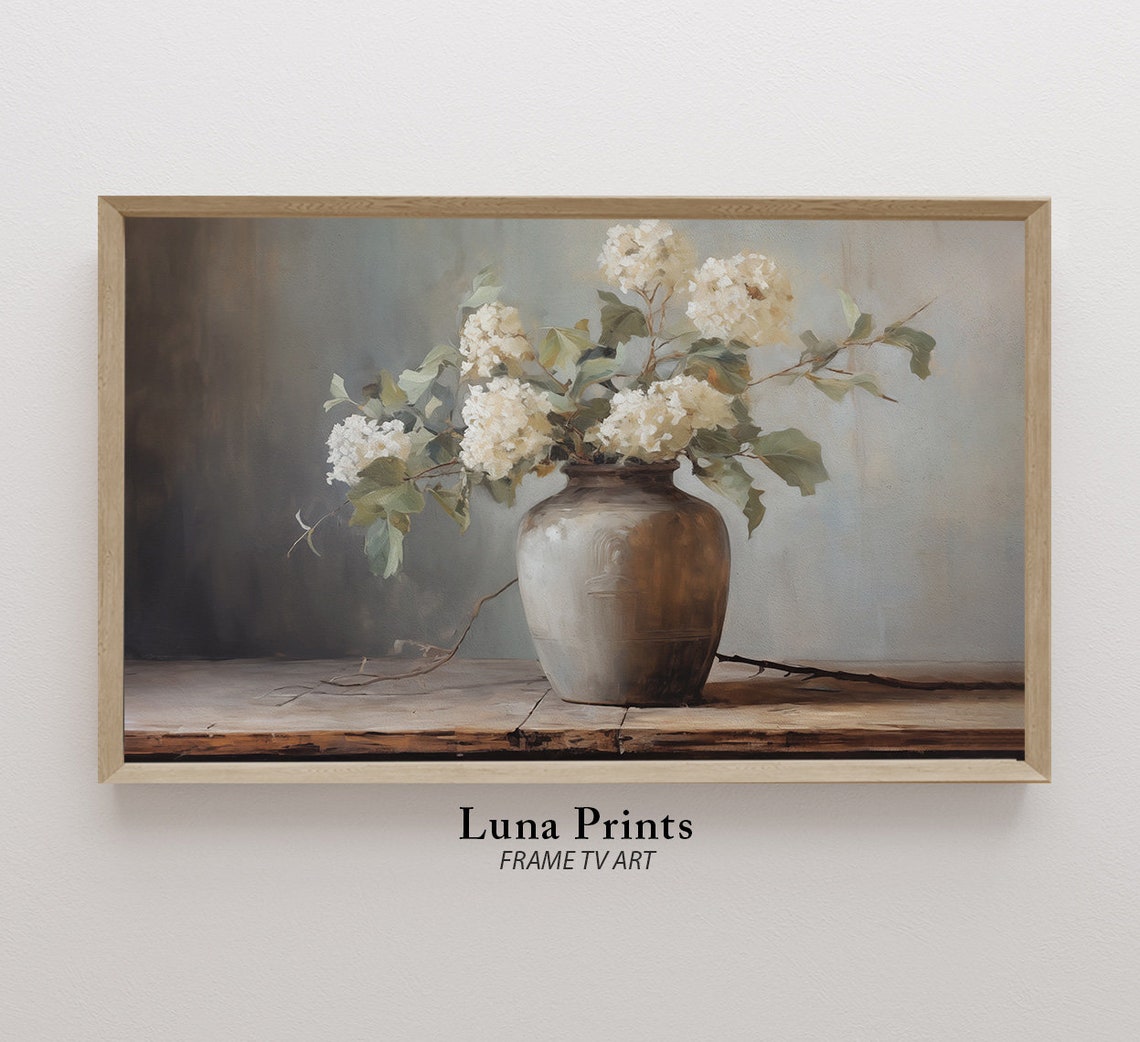 Muted Hydrangea Art Print, Vintage Vase Painting