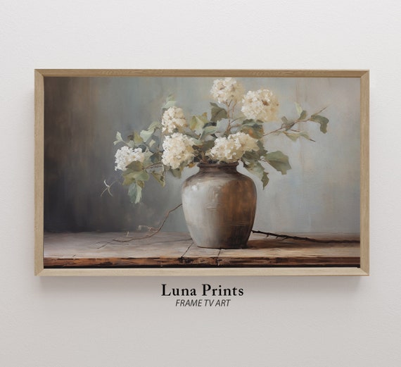 Muted Hydrangea Art Print, Vintage Vase Painting