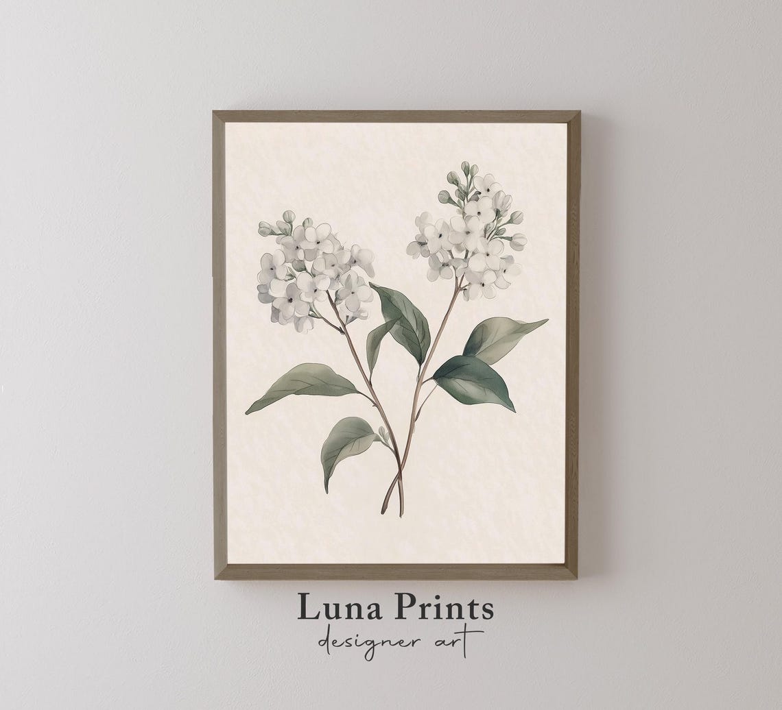 White Lilac Watercolor Sprigs Minimal Botanical Spring Floral Wall Art