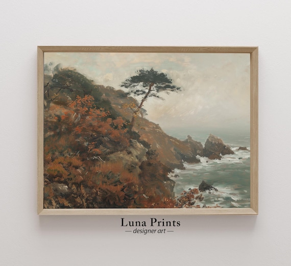 Pine Tree on Rocky Sea Cliff Autumn Coastal Landscape Wall Art