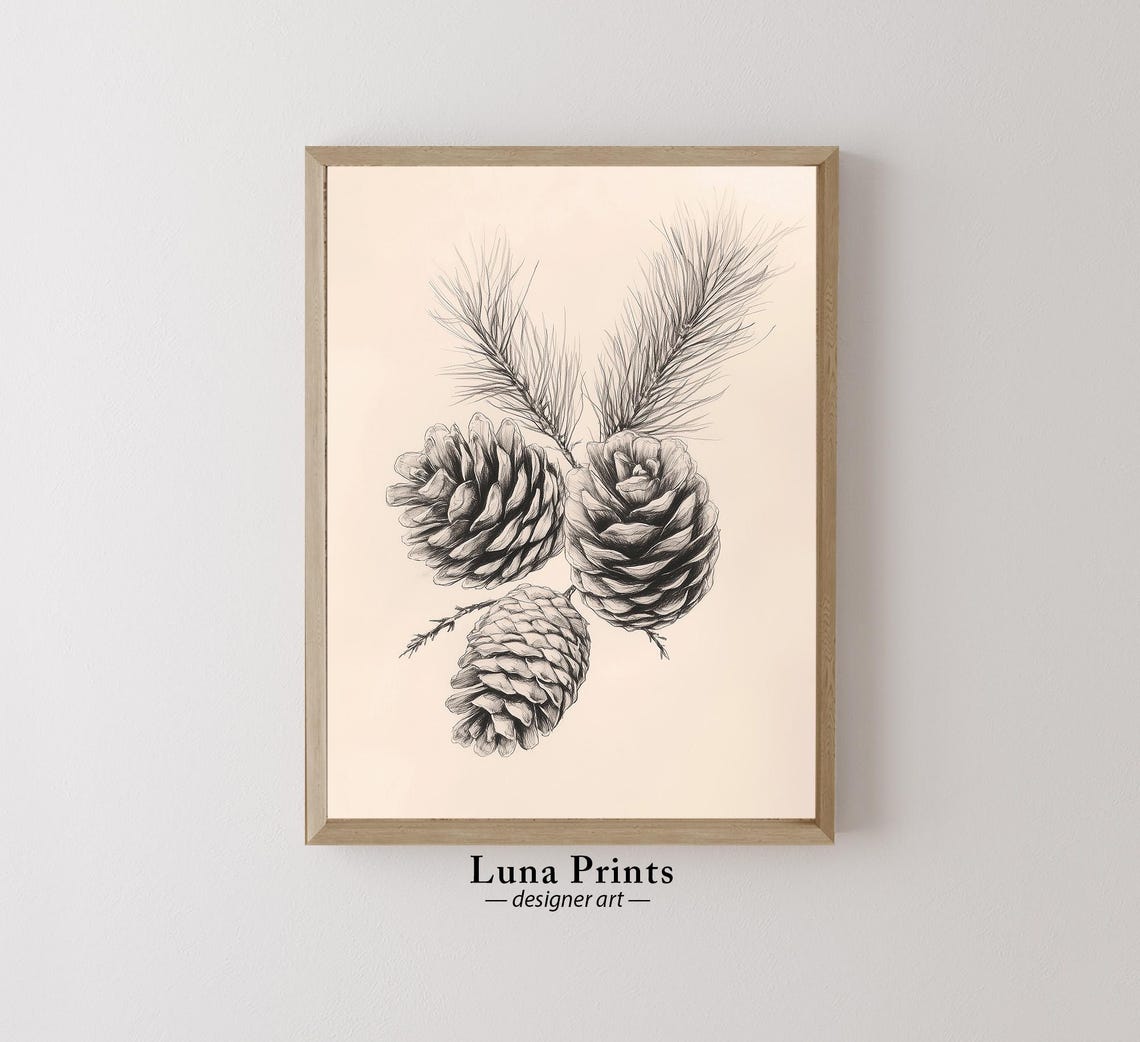 Pinecones and Pine Sprigs Detailed Pencil Sketch Drawing Wall Art