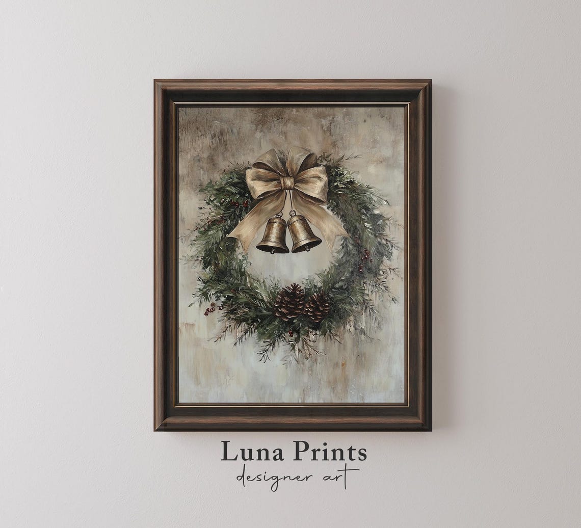 Vintage Christmas Wreath Bells Pinecones Rustic Holiday Wall Art