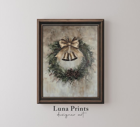 Vintage Christmas Wreath Bells Pinecones Rustic Holiday Wall Art