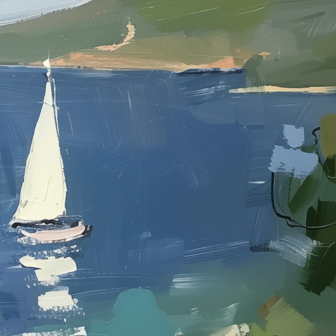 Tranquil Sailboats on Blue Bay Coastal Landscape Painting Poster - Image 2