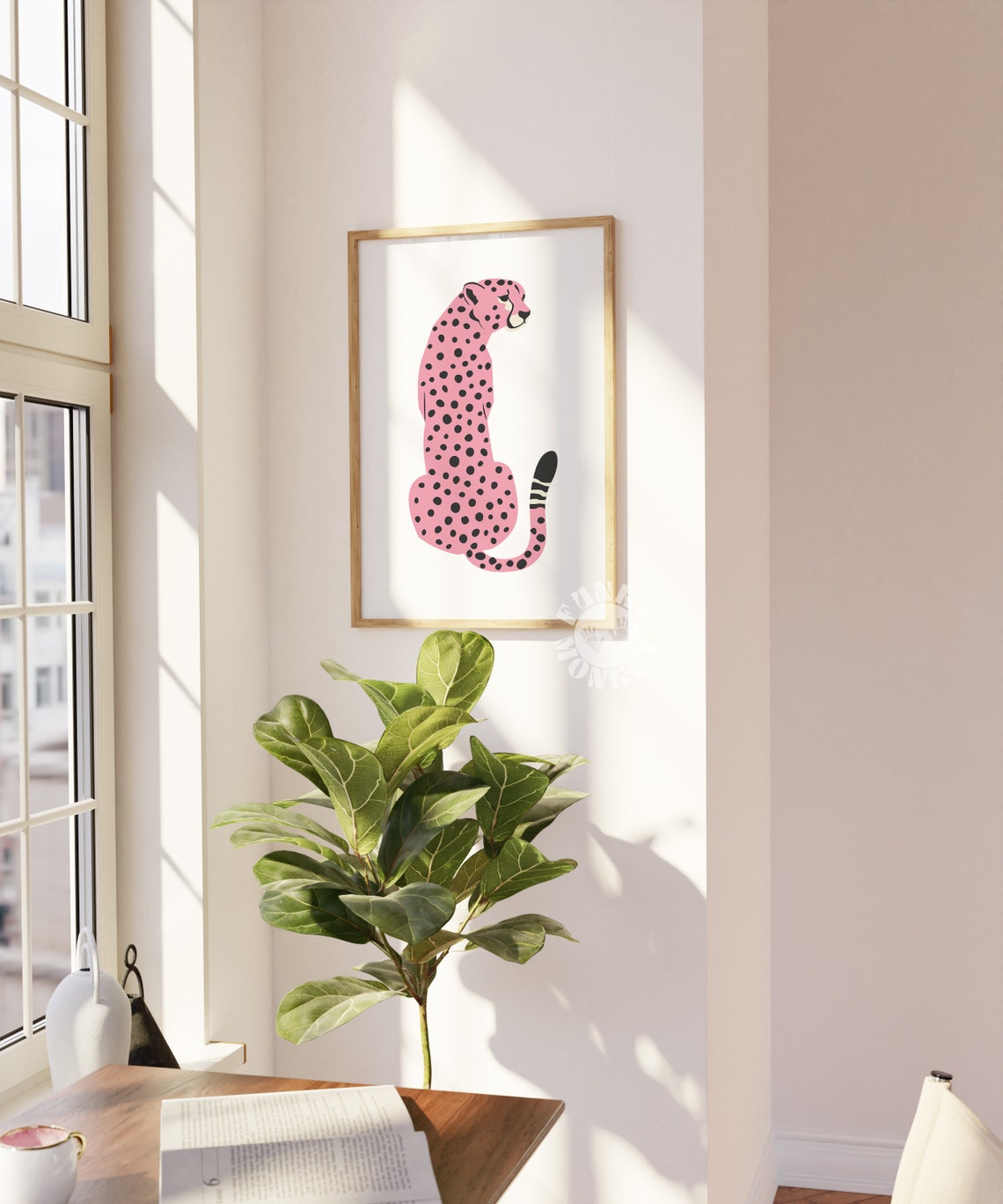 Minimalist Pink Sitting Cheetah Illustration On White Background Poster