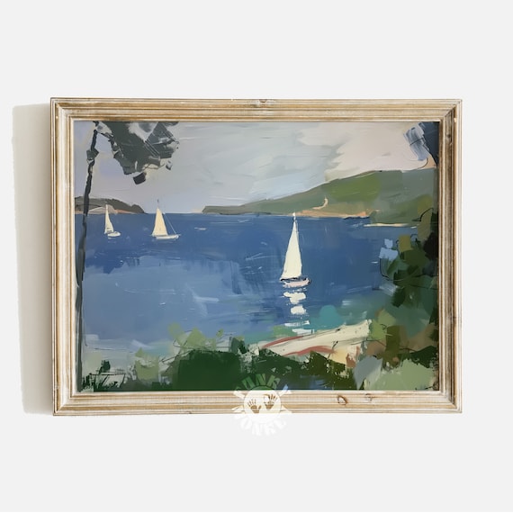 Tranquil Sailboats on Blue Bay Coastal Landscape Painting Poster