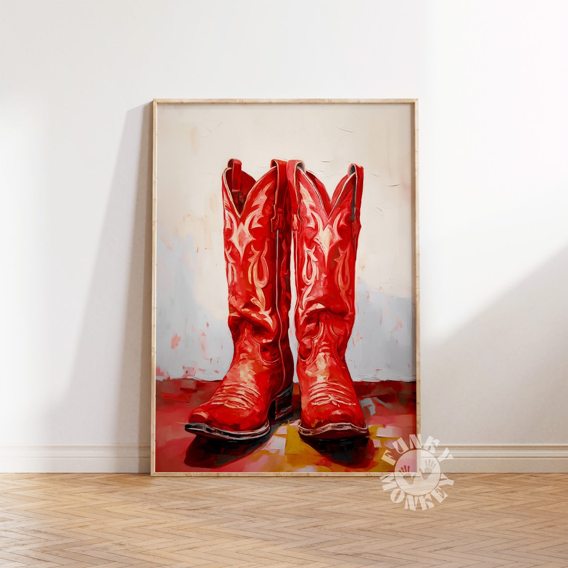 Red Cowboy Boots Oil Painting Retro Western Room Decor Poster