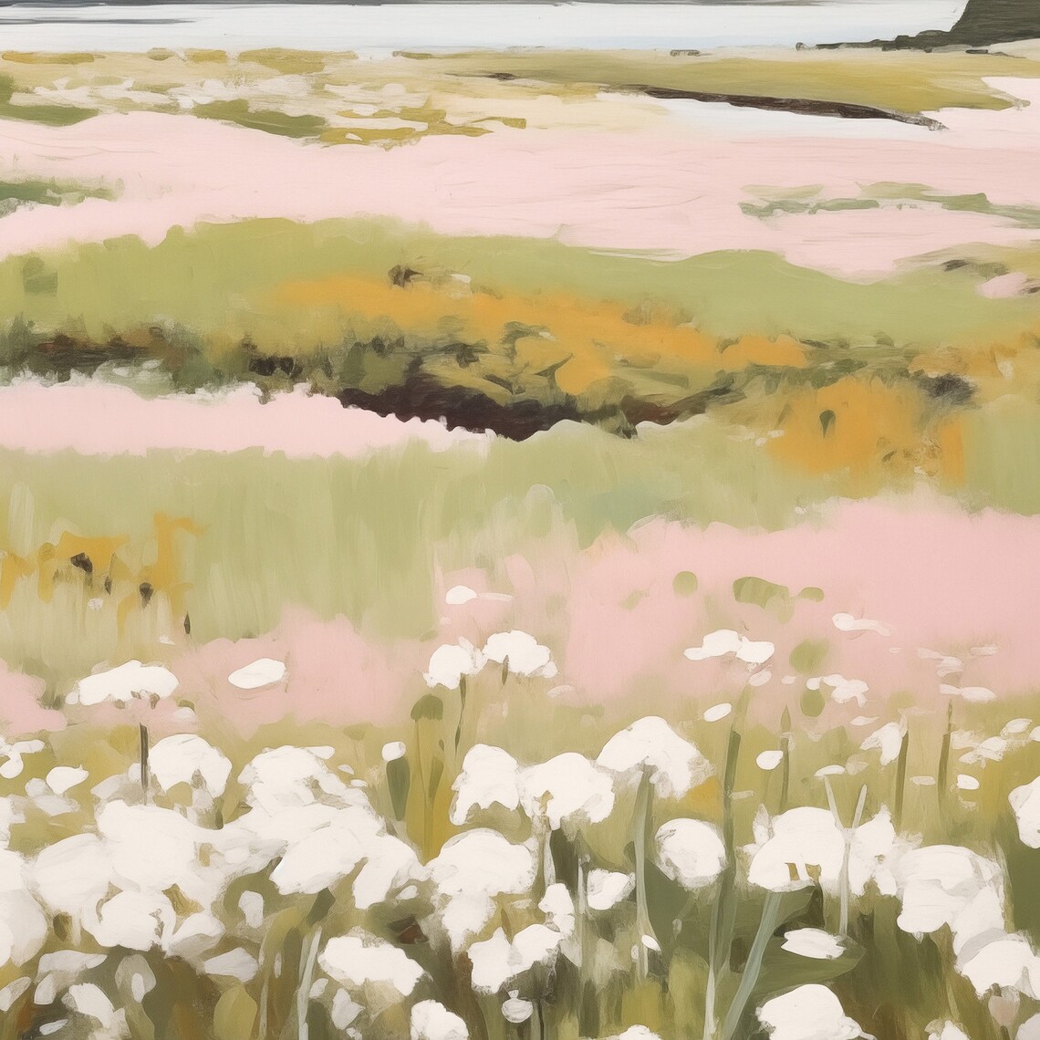 Wildflower Field Pink Landscape, Vintage Meadow Print