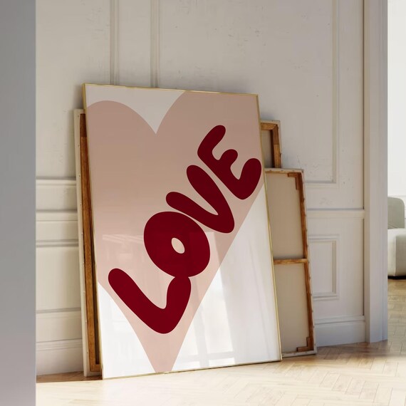 Love Red Bubble Letters on Blush Pink Heart Retro Quote Poster
