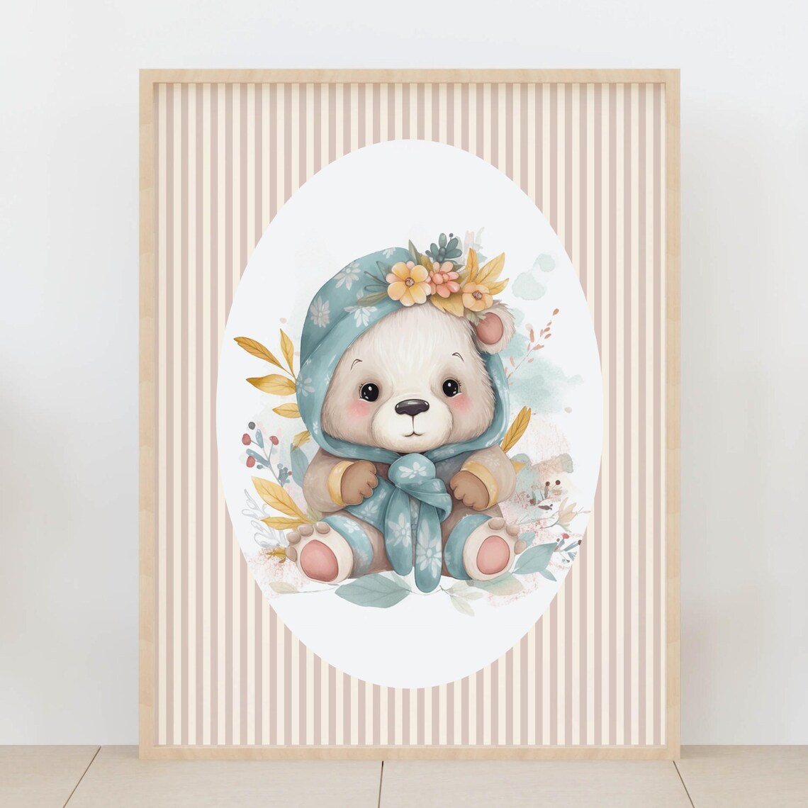 Baby Bear Teal Floral Bonnet Watercolor Cute Nursery Animal Poster