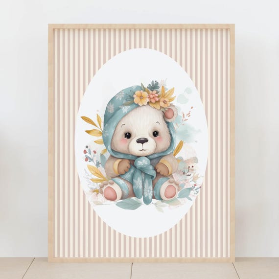 Cute Teddy Bear Nursery Wall Art Print Scandinavian Baby Room Decor Animal Gender Neutral Kids Bedroom Poster