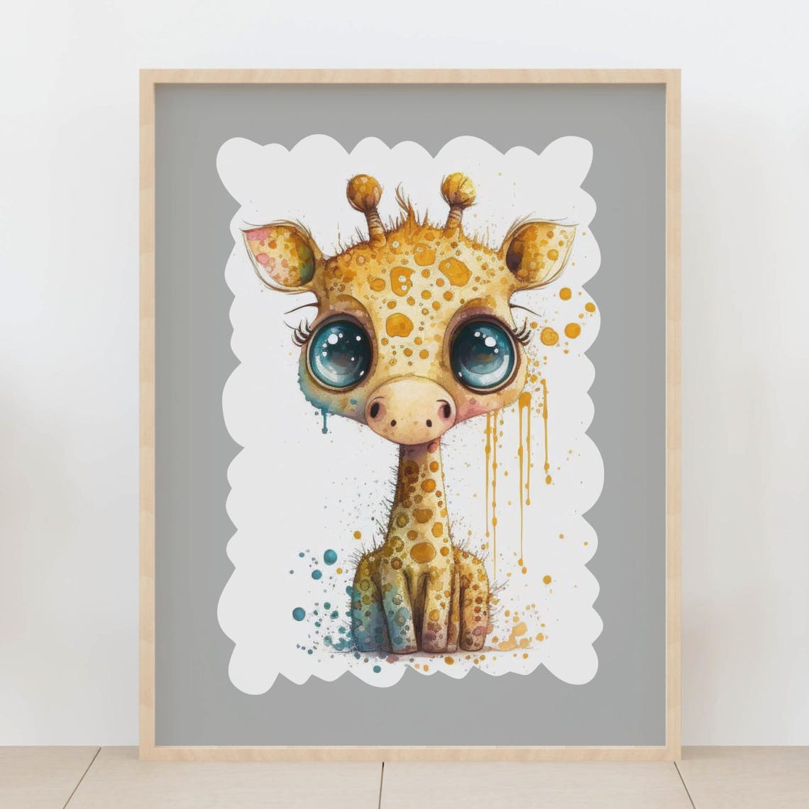 Big Eyed Baby Giraffe Cute Watercolor Splash Nursery Art Print