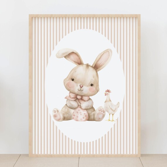 Cute Bunny with Pink Bow and Little Chick Watercolor Nursery Wall Art