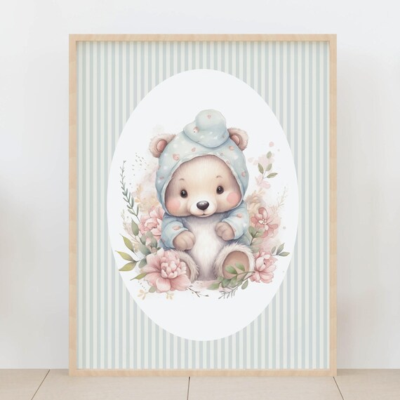 Baby Bear Blue Nightcap Watercolor Cute Nursery Animal Poster
