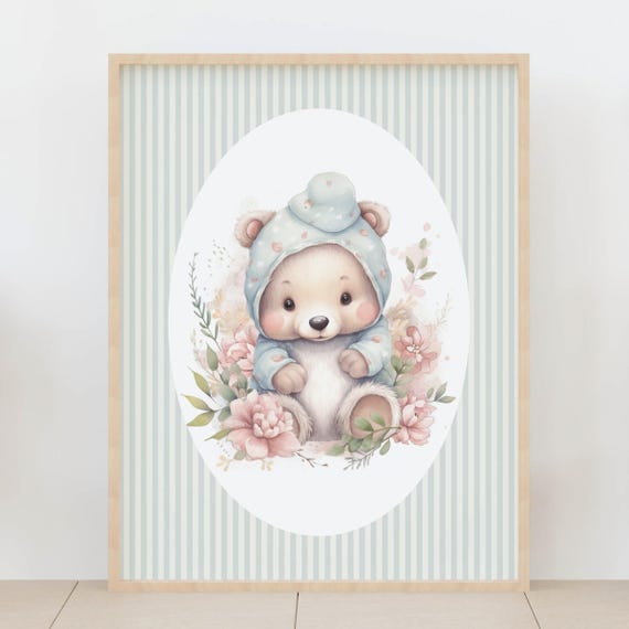 Winter Teddy Bear Nursery Wall Art Soft Green Stripes Baby Room Decor Cute With Flowers Poster Gift
