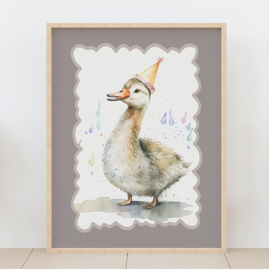 Duckling Wearing Party Hat Watercolor Birthday Nursery Poster