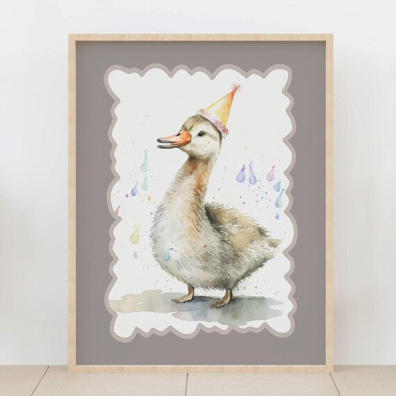Duckling Wearing Party Hat Watercolor Birthday Nursery Poster