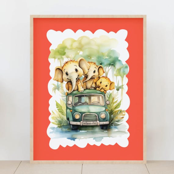 Watercolor Baby Elephant Safari Print Cute Jungle Animals Art Nursery Decor Vintage Car Kids Room Wall