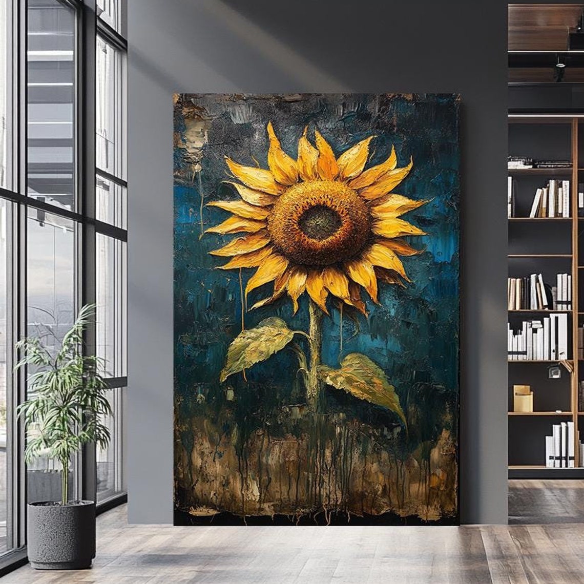 Rustic Dark Sunflower Oil Painting Moody Teal Textured Floral Poster