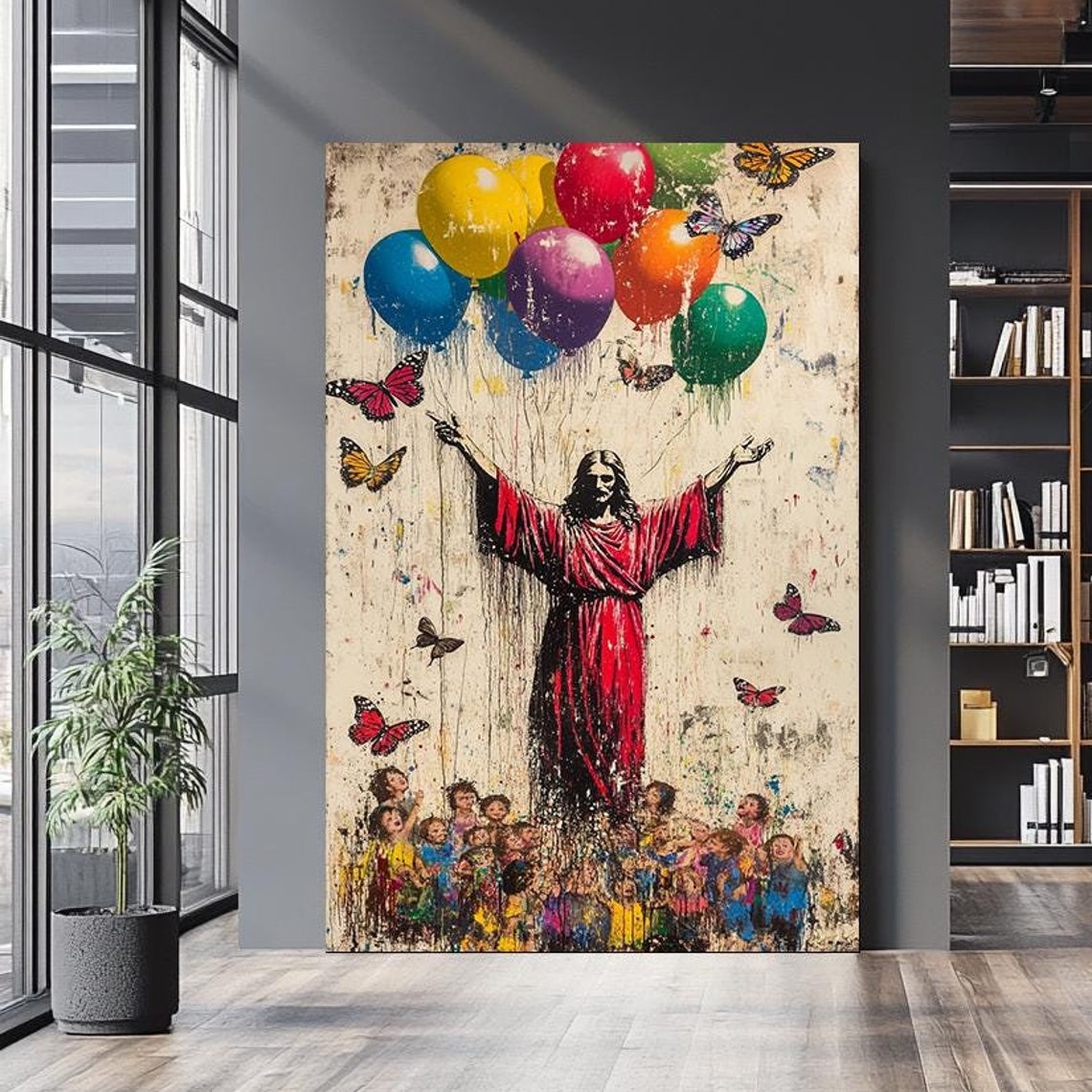 Jesus Red Robe Arms Raised Crowd Balloons Butterfly Street Art Poster