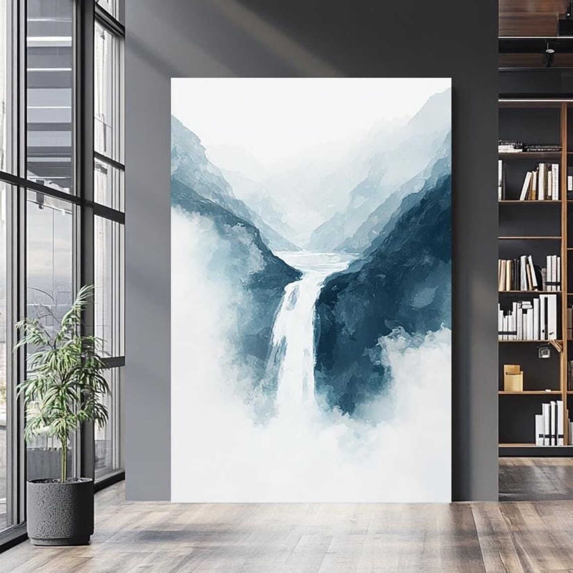 Minimalist Waterfall Wall Art Abstract Nature Print Blue And White Wall Art Mountain Wall Decor Blue Misty Landscape Wall Decor