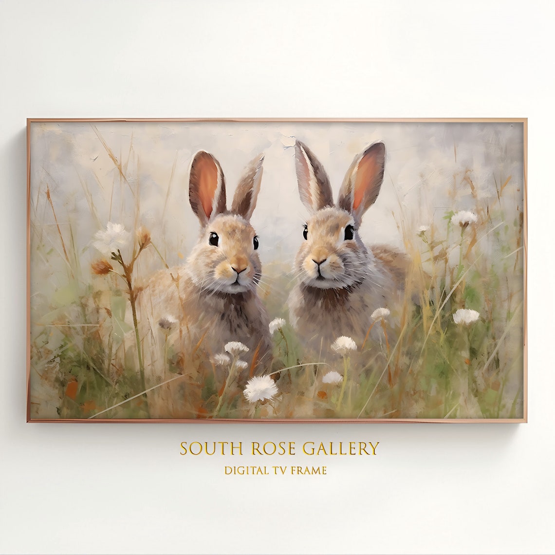 Two Bunnies Soft Wildflower Meadow Watercolor Spring Wall Art Print