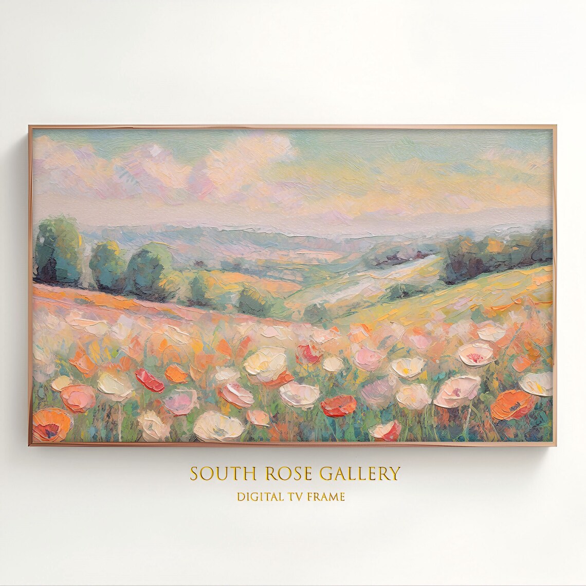 Red Orange Poppy Flower Meadow Rolling Hills Pastel Landscape Poster