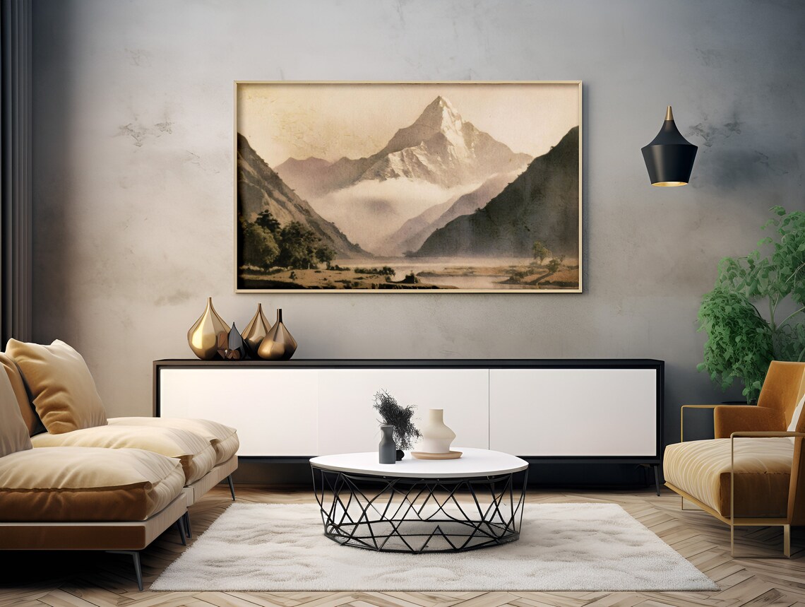Snowcapped Mountain Peak Mist Warm Sepia Vintage Oil Landscape Poster - Image 2