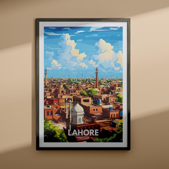 Lahore Pakistan Old City Minarets Skyline Vintage Travel Poster