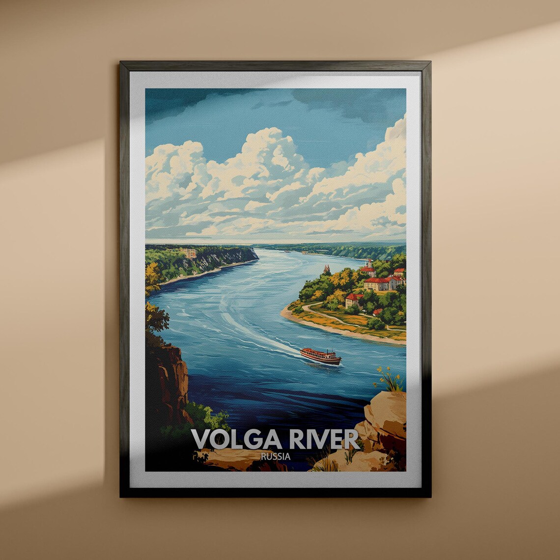 Volga River Russia Riverside Boat Vintage Travel Poster Artwork