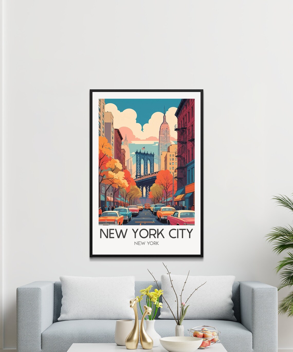 New York City Brooklyn Bridge Autumn Street Vintage Travel Poster