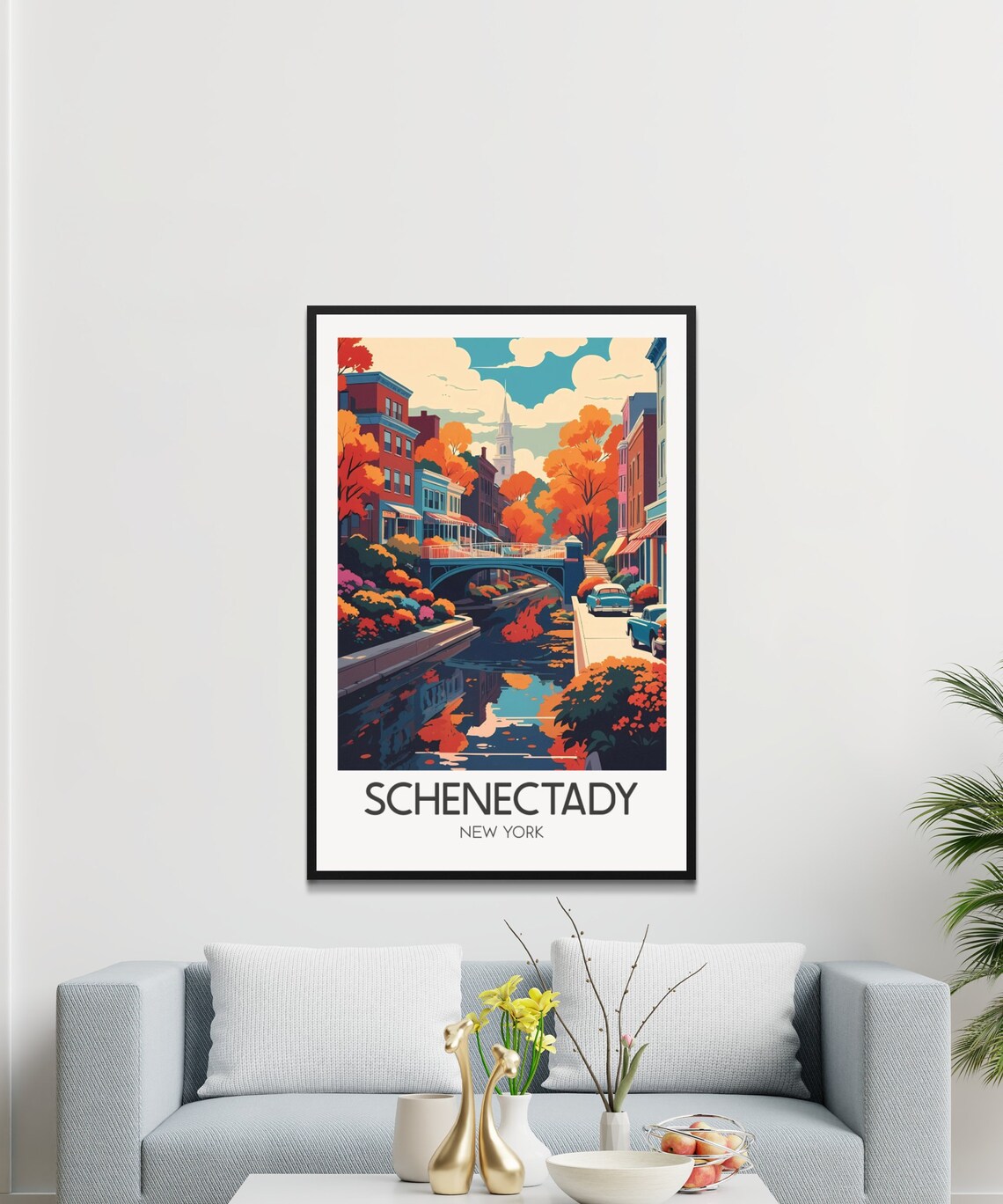 Schenectady New York Autumn Canal Bridge Vintage City Poster Art