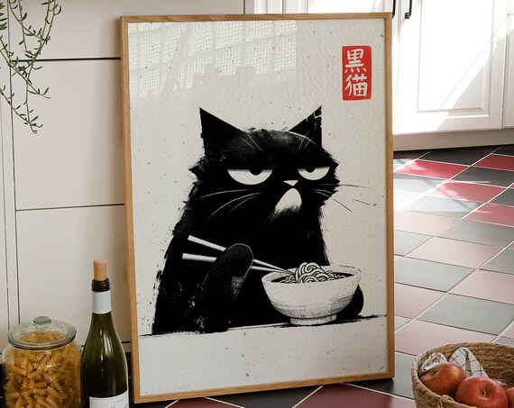 Grumpy Black Cat Eating Ramen Japanese Style Funny Kitchen Art Poster