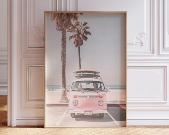 Pink Vintage Van Surfboards Beach Palms Coastal Travel Art Poster