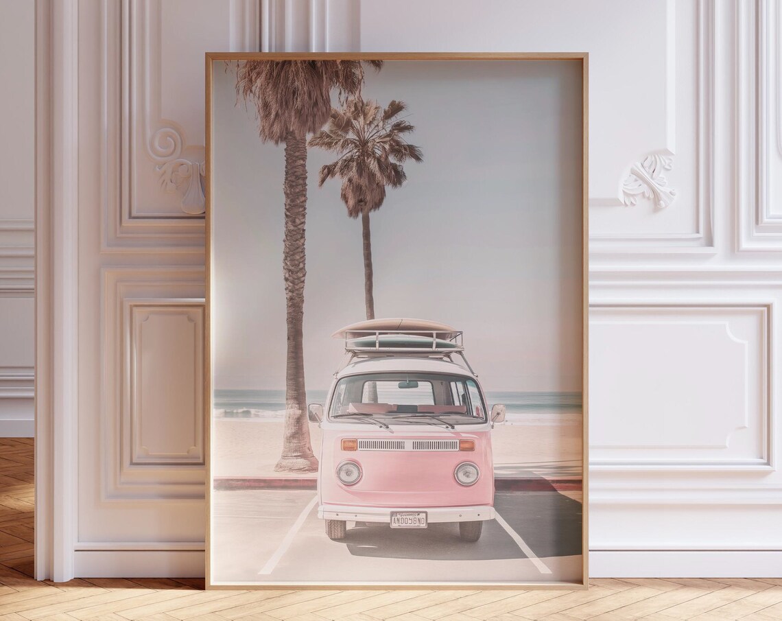 Pink Vintage Van Surfboards Beach Palms Coastal Travel Art Poster