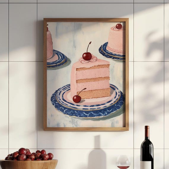 Pink Cherry Cake At Grandma Print Print Trendy Decor Abstract Vintage Painting Cottagecore Decor Art