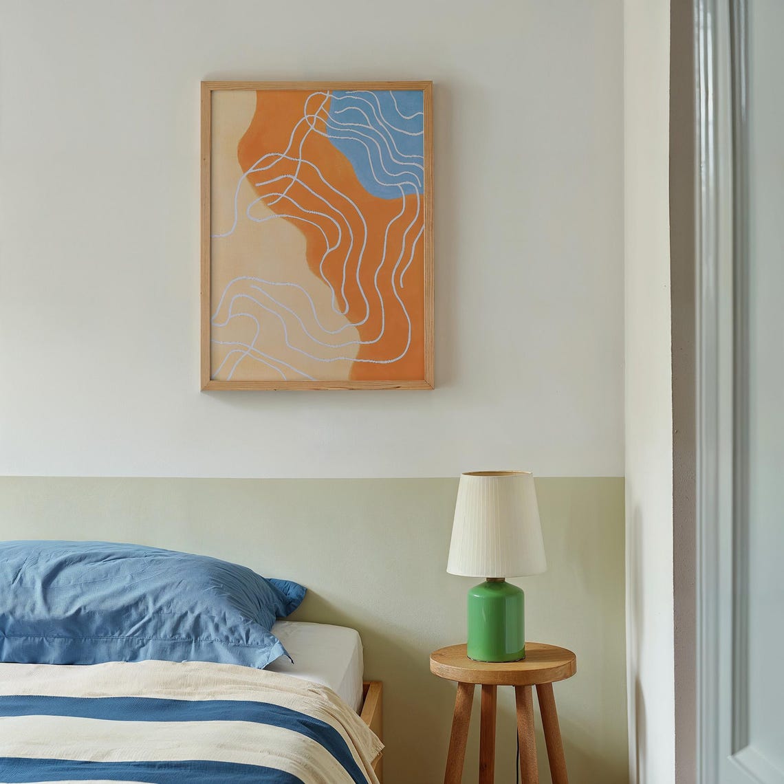 Orange Blue Abstract With White Squiggle Lines Modern Art Poster - Image 2