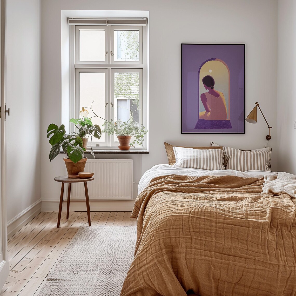 Woman at Arched Window in Purple Minimalist Silhouette Poster - Image 2