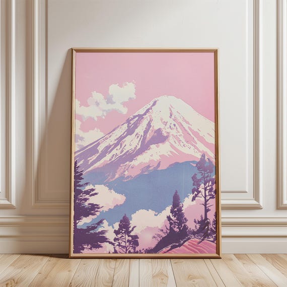 Modern Snowy Mountain Scenery Art Print Pink Sky Pastel Mountain Landscape Muted Tones Art