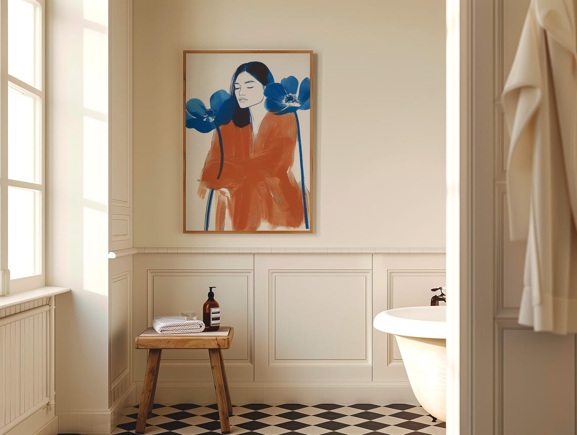 Striking Woman with Blue Anemones Rust Orange Dress Modern Poster - Image 5