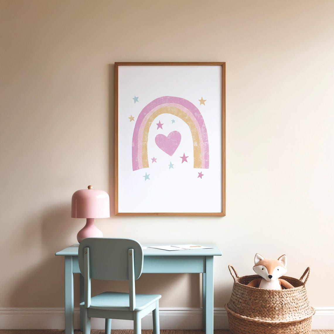 Dreamy Pink Rainbow Heart Stars Boho Nursery Kids Room Poster - Image 3