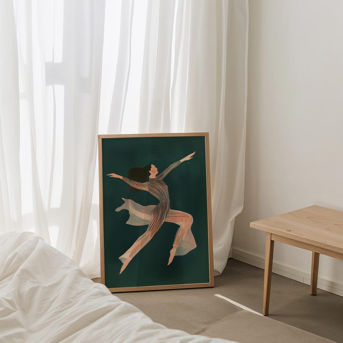 Graceful Dancer in Flowing Striped Dress on Dark Green Poster - Image 5