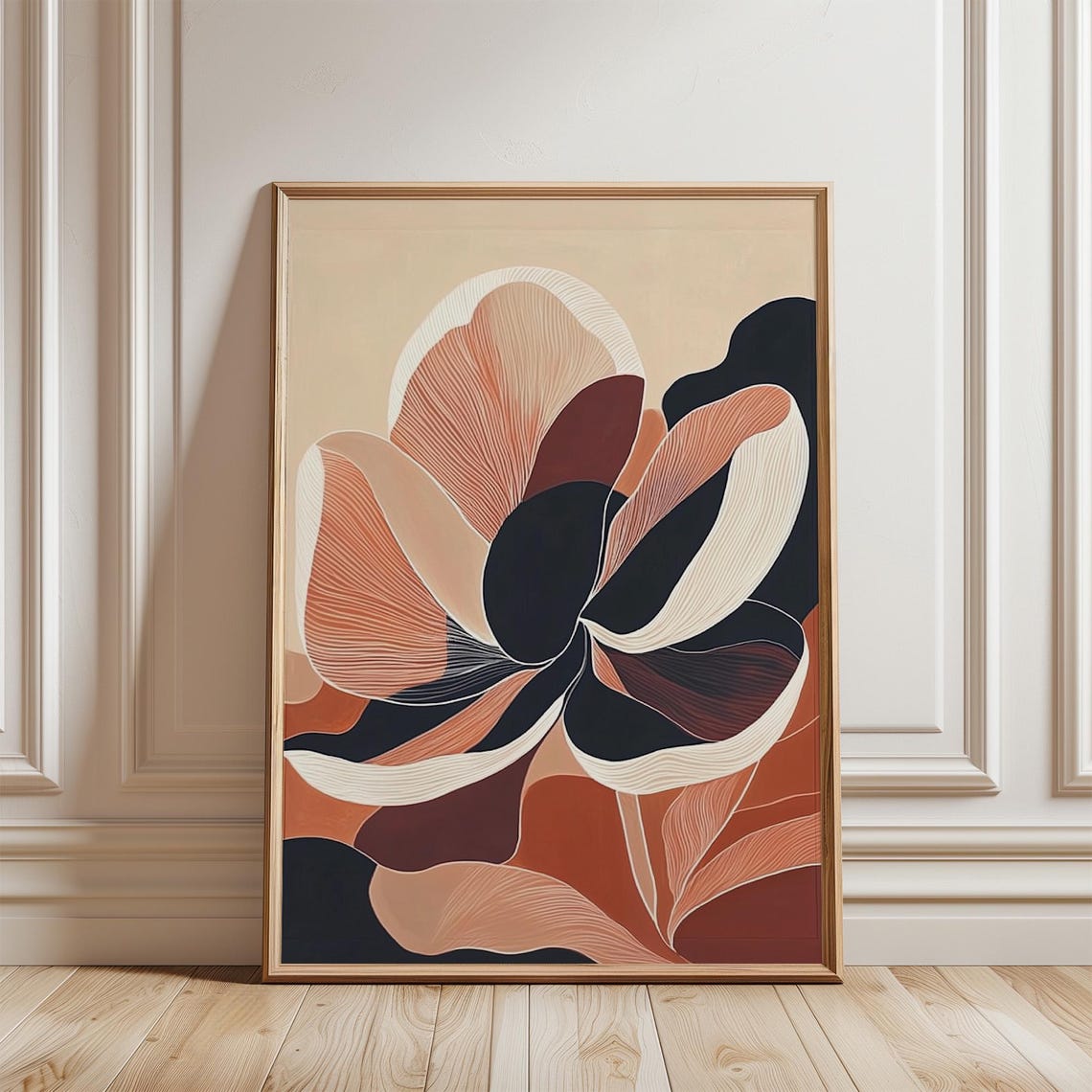 Modern Abstract Flower in Terracotta Black and Cream Tones Poster