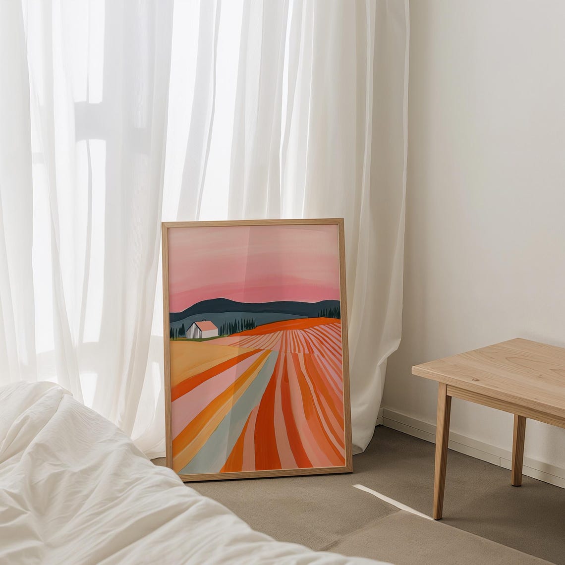 Vibrant Abstract Farm Landscape with Striped Fields at Sunset Poster