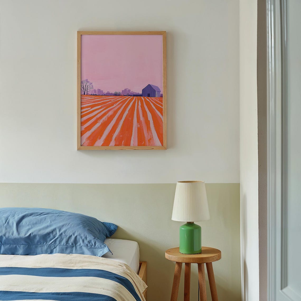 Pink Sky Farm Landscape with Purple Barn and Orange Field Poster - Image 3