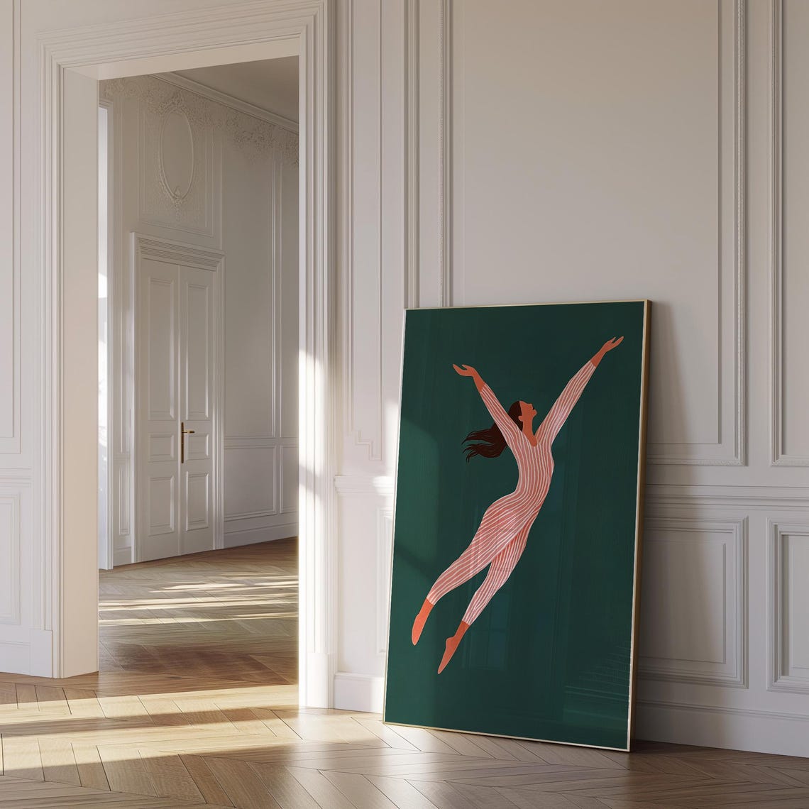Joyful Dancing Woman Leaping in Coral Stripes on Deep Green Poster - Image 2
