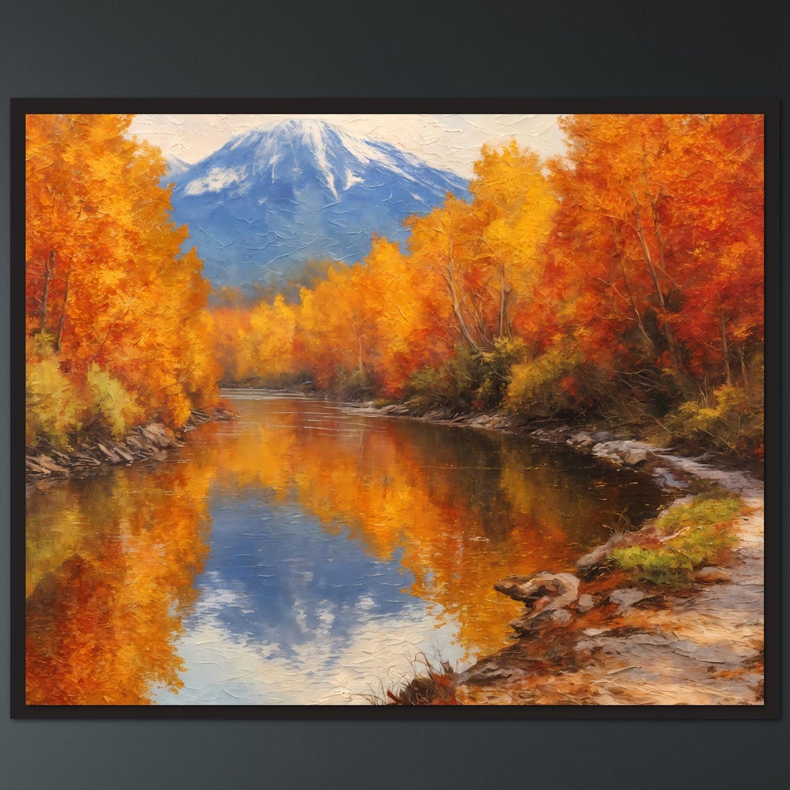 Autumn Mountain River Reflection Fall Landscape Oil Poster Art