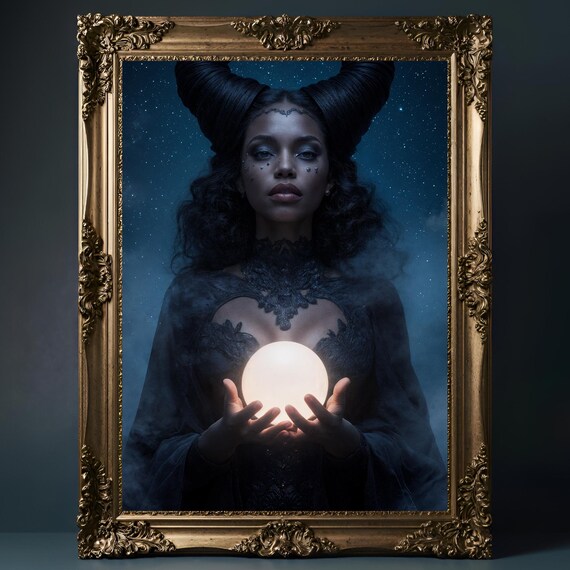 Mystical Black Witch Wall Art Enchanting Sorceress Portrait Print Magical Cosmic Decor Halloween Home Accent