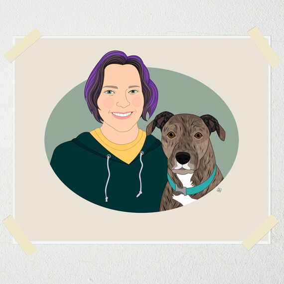 Woman With Purple Hair and Brindle Dog Custom Portrait Poster